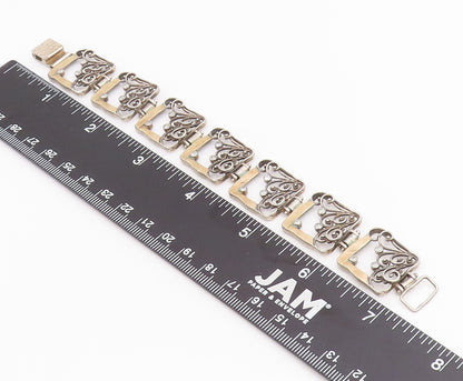 14k Gold & 925 Sterling Silver Vintage Bracelet CZ Floral Panel Link  BT11846