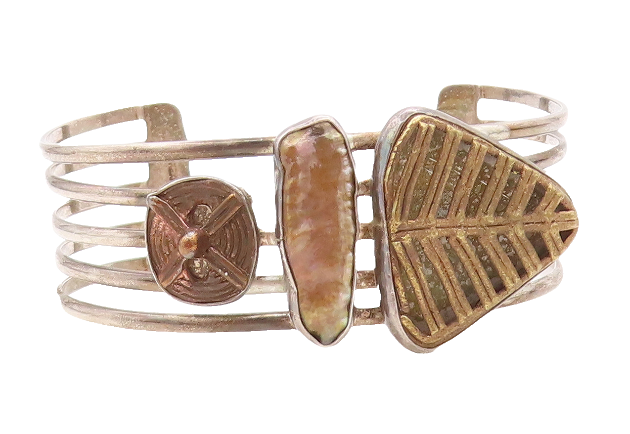 MEXICO 925 Silver  Vintage Abalone Shell Split Shank Cuff Bracelet  BT2893