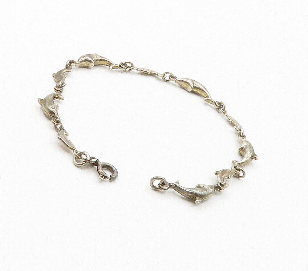 925 Sterling Silver  Vintage Dark Tone Dolphin Motif Chain Bracelet  BT6048