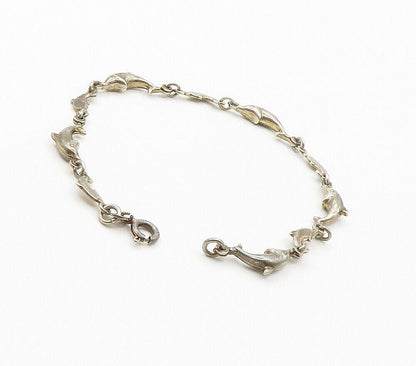 925 Sterling Silver  Vintage Dark Tone Dolphin Motif Chain Bracelet  BT6048