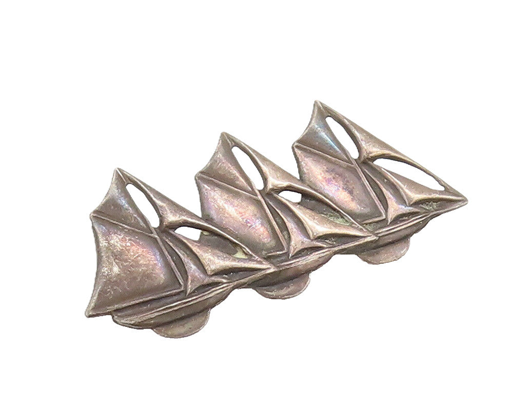 925 Sterling Silver Vintage Brooch Pin Carved Three Linked Sailor Boat  BP10554