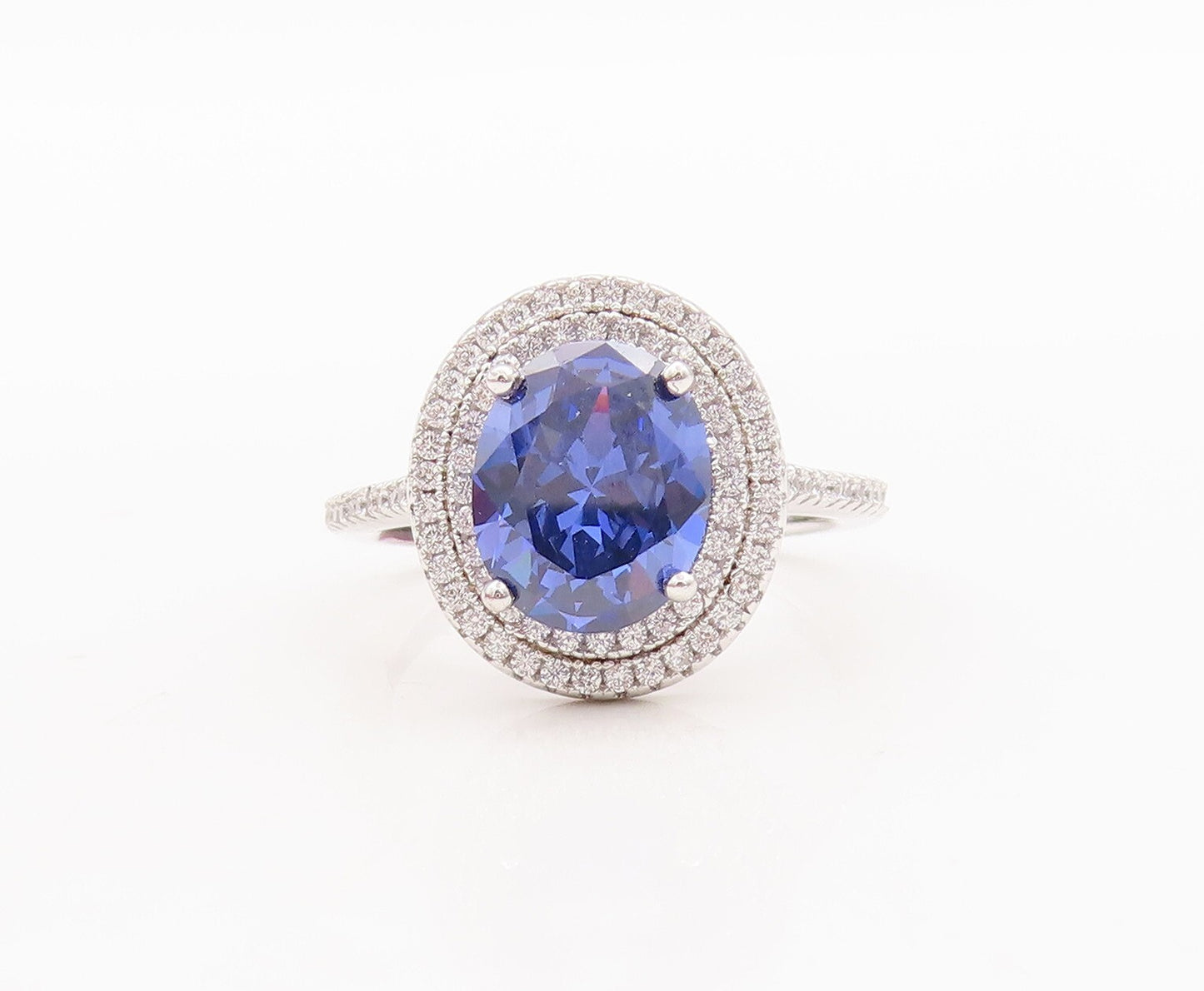 925 Sterling Silver Vintage Ring Oval Cut Blue Halo White CZ Band  Sz 7  RG29549