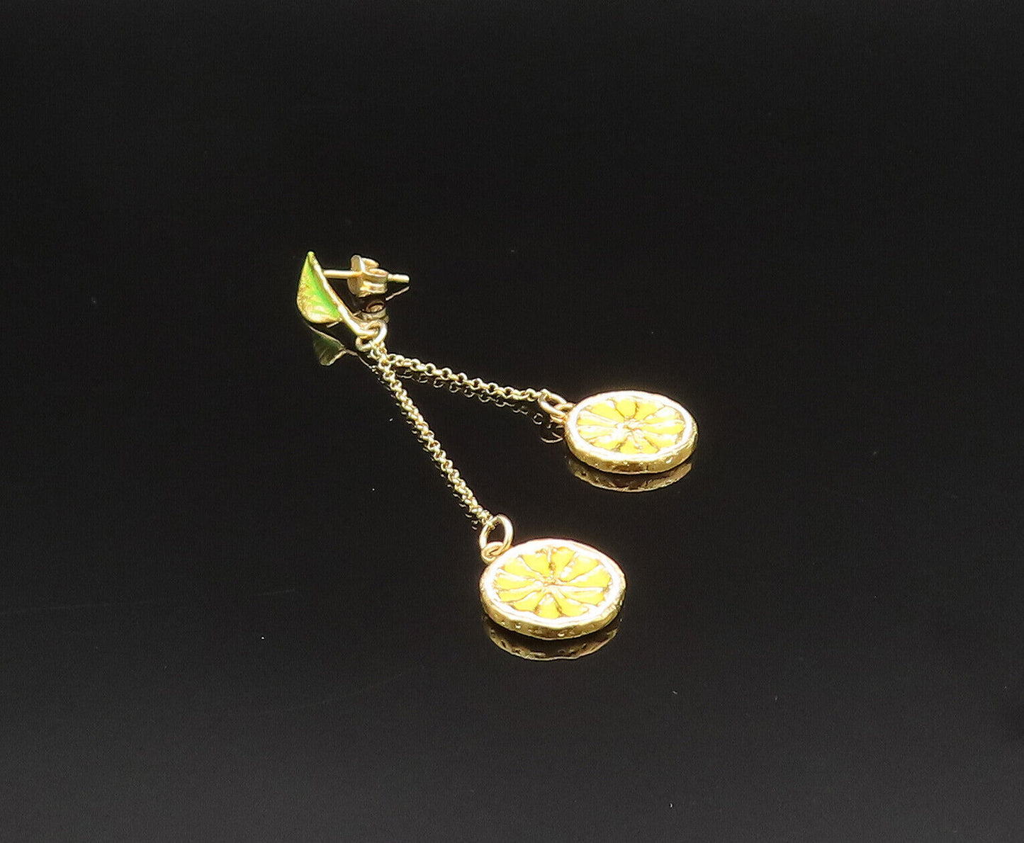925 Sterling Silver Vintage Enamel Leaf & Lemon Slices Dangle Earrings EG11916