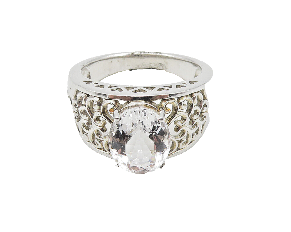 925 Sterling Silver  Faceted Topaz Swirl Cutout Band Ring Sz 7.5  RG10173