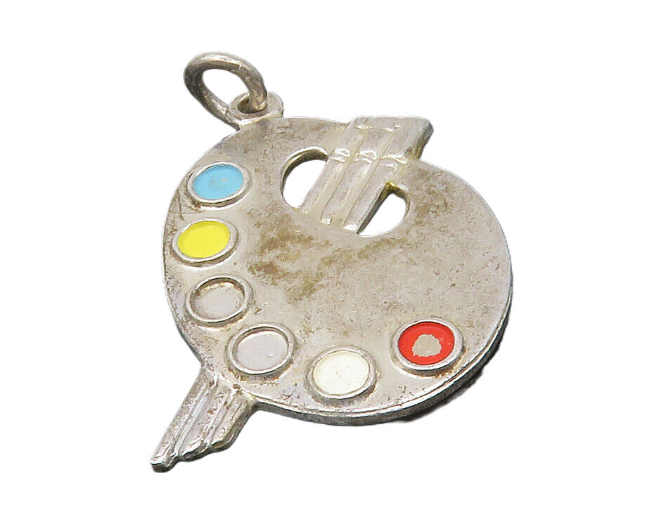 925 Sterling Silver  Vintage Enamel Detail Painter's Palette Pendant  PT10080