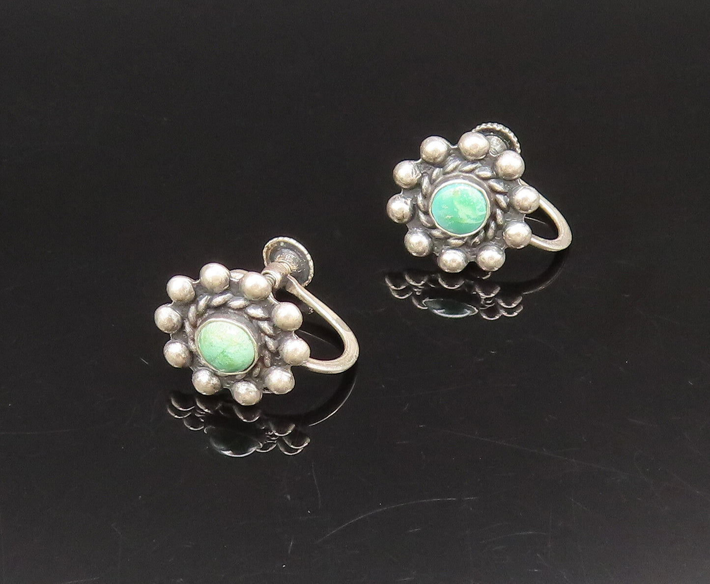 925 Silver  Vintage Green Turquoise Beaded Flower Screw Back Earrings  EG12277