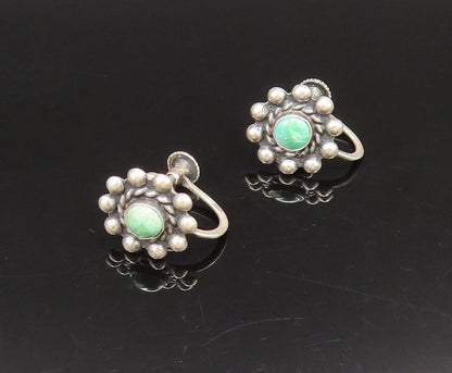 925 Silver  Vintage Green Turquoise Beaded Flower Screw Back Earrings  EG12277