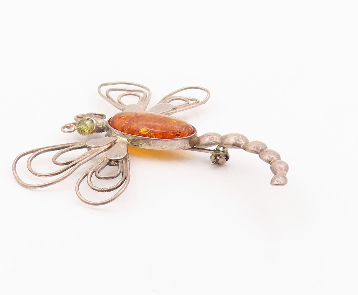 925 Sterling Silver Vintage Brooch Pin Cabochon Amber Winged Dragonfly  BP12579