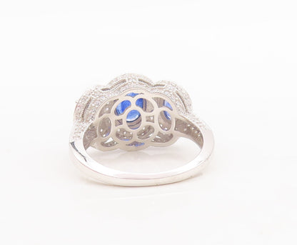 925 Sterling Silver Vintage Ring Oval Cut Sapphire Halo CZ Bands  Sz 8  RG29757