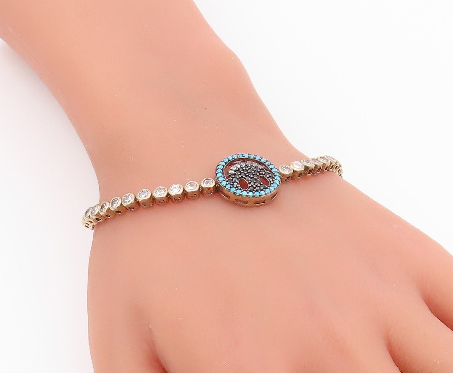 925 Silver  Vintage Turquoise Spinel & Cubic Zirconia Chain Bracelet  BT8789