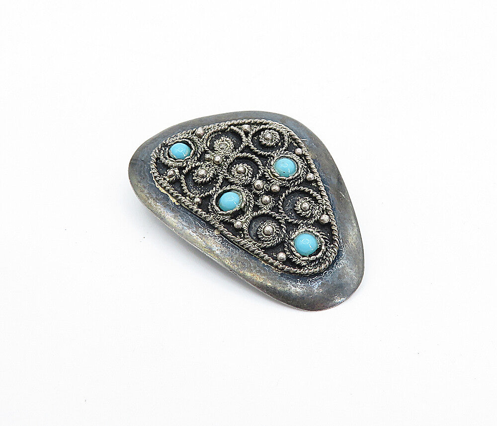ISRAEL 925 Sterling Silver  Vintage Turquoise Oxidized Twist Brooch Pin BP1354