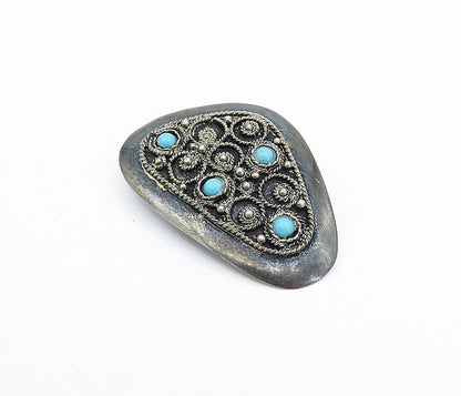 ISRAEL 925 Sterling Silver  Vintage Turquoise Oxidized Twist Brooch Pin BP1354