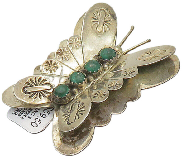 SOUTHWESTERN 925 Silver Vintage Malachite Butterfly Motif Brooch Pin BP7789