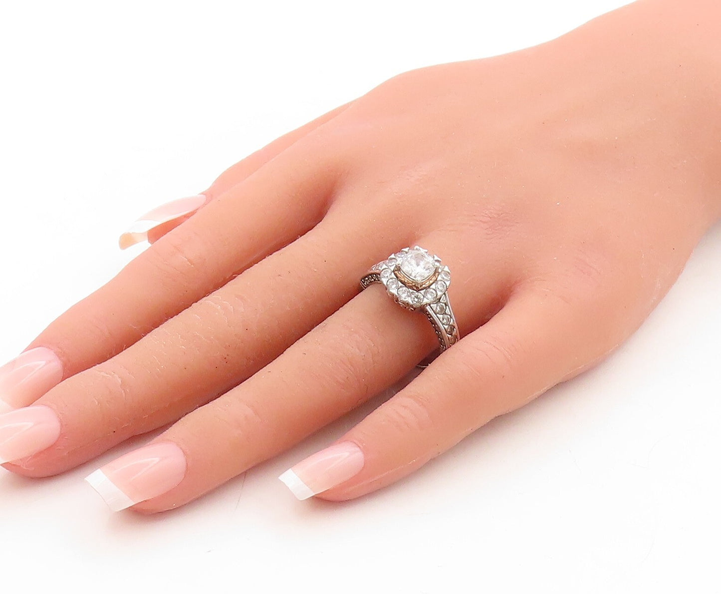925 Sterling Silver Vintage Ring Square Cut Halo Round Cut CZ  Sz 9  RG31581