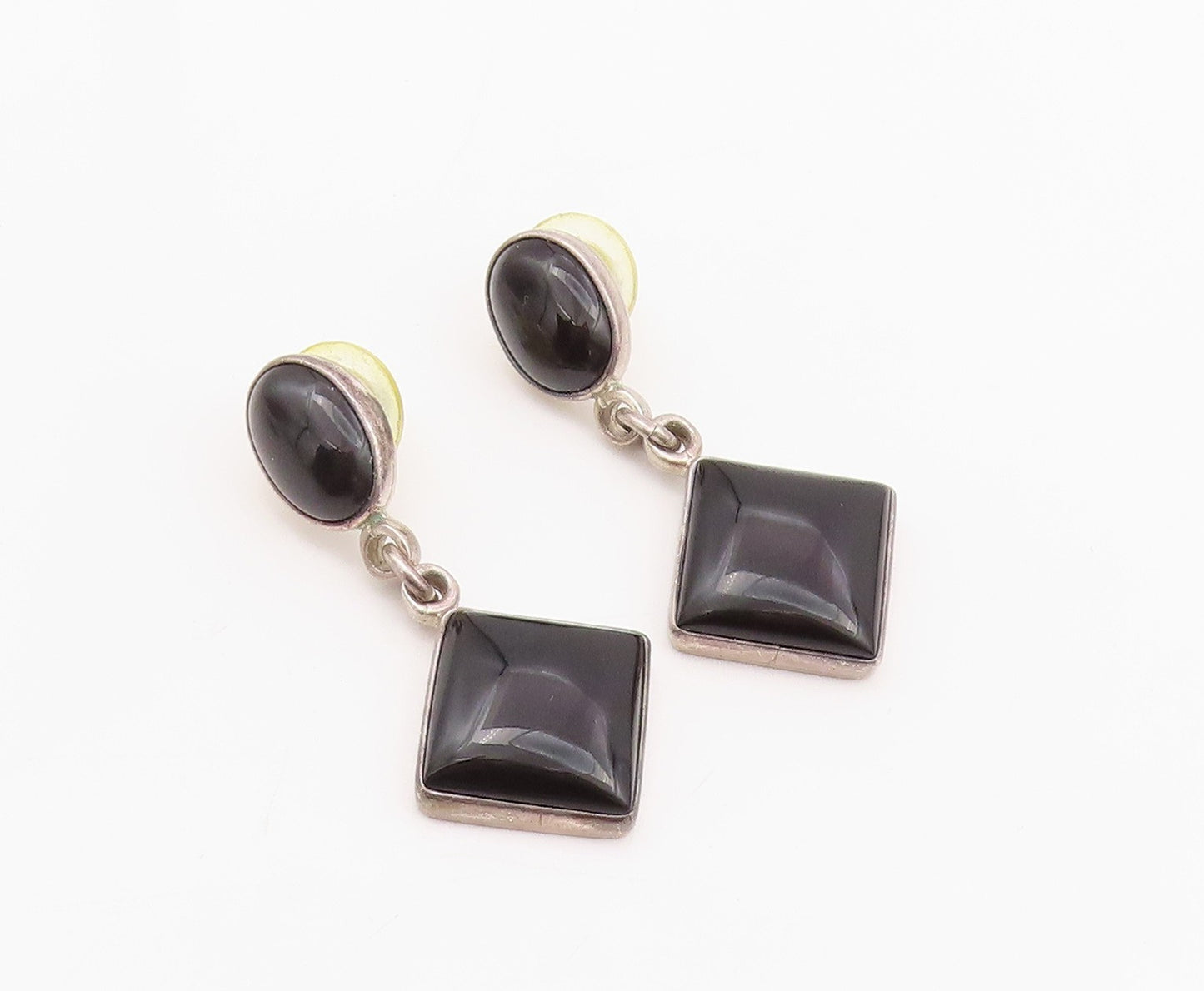 925 Sterling Silver Vintage Earrings MEXICO Oval & Square Dangling Onyx  EG13619