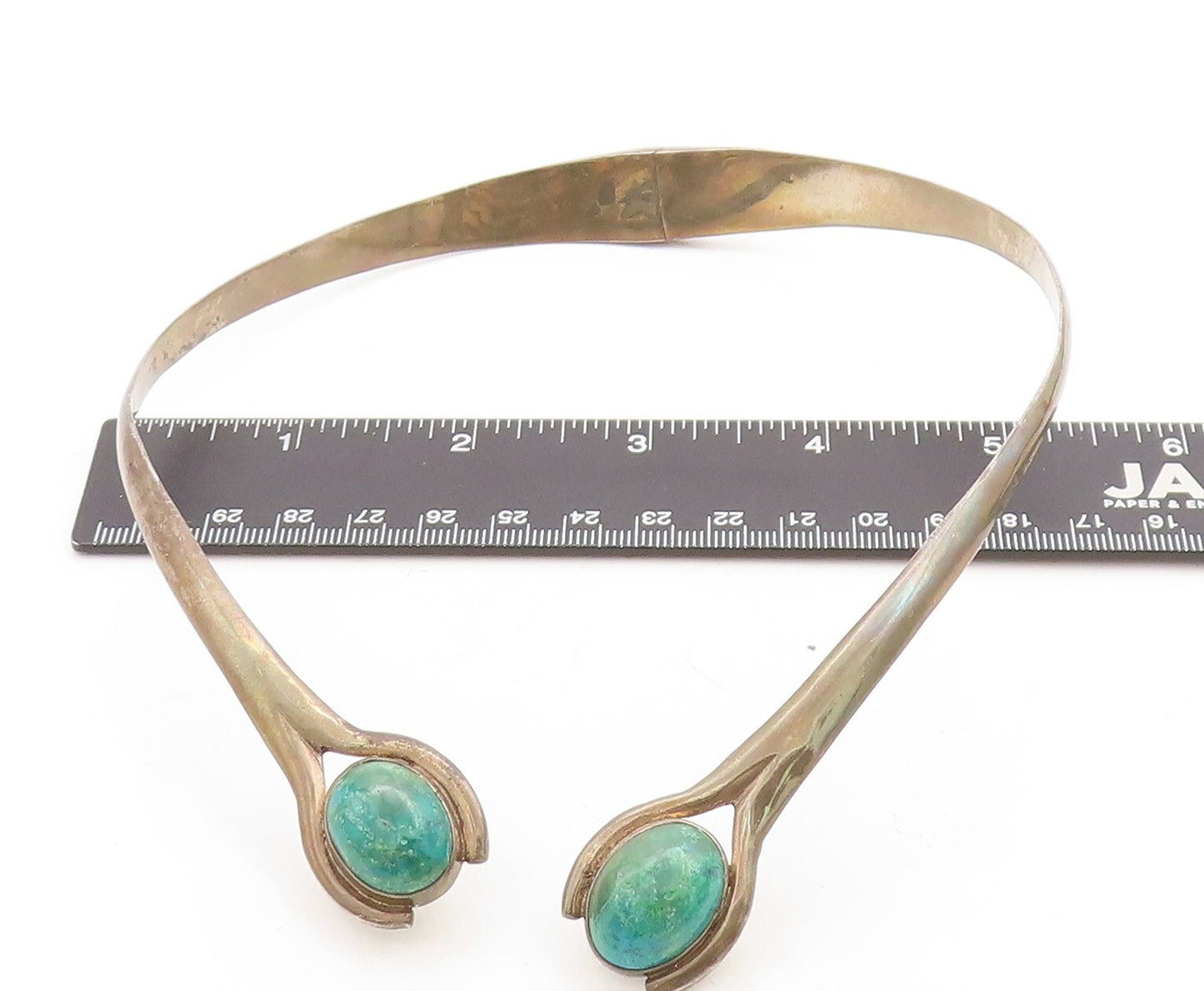 MEXICO 925 Silver Vintage Cabochon Cut Chrysocolla Collar Necklace NE1393