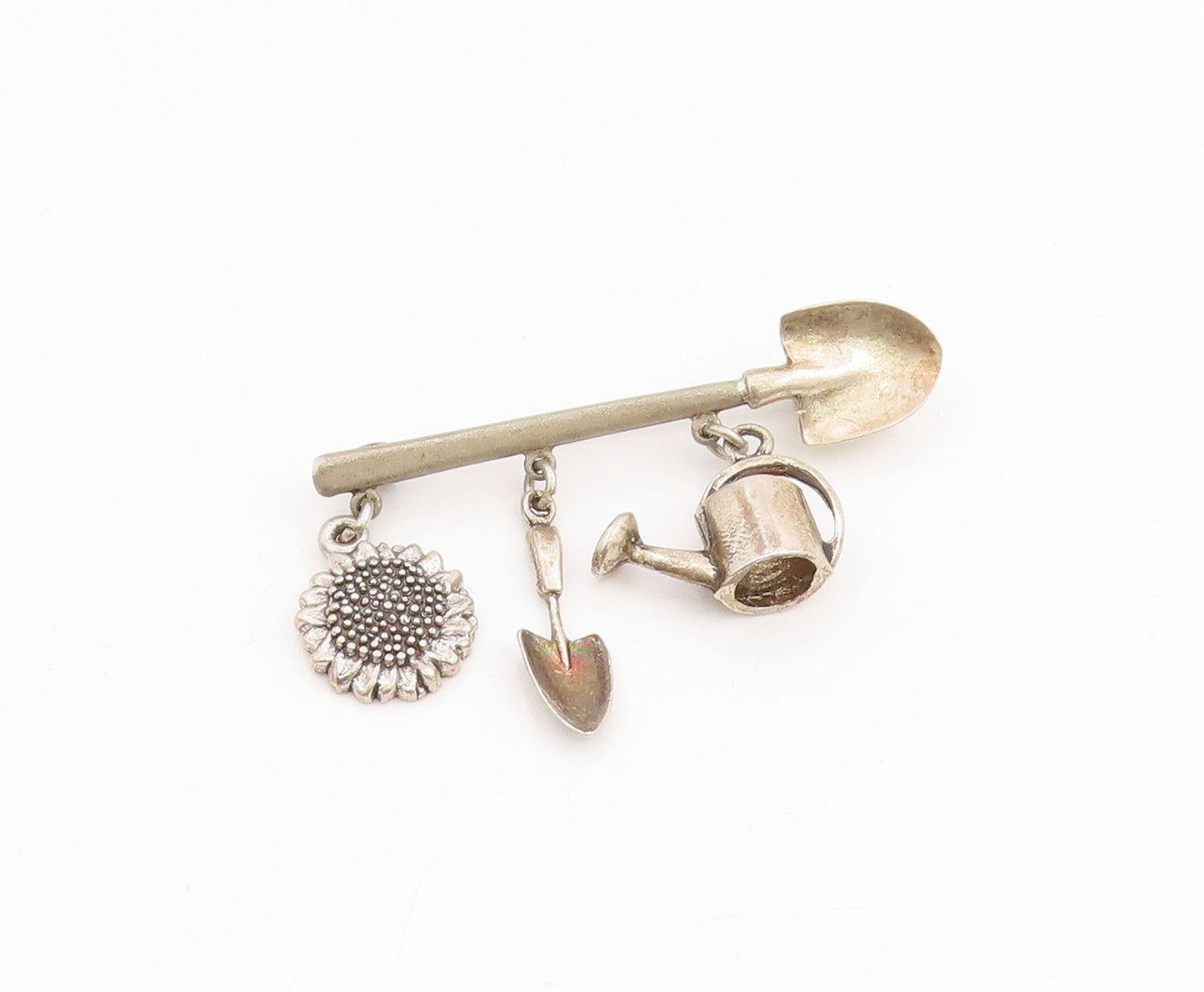 925 Sterling Silver Vintage Brooch Themed Watering Can Shovel Sunflower  BP11983