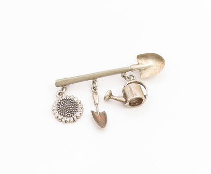 925 Sterling Silver Vintage Brooch Themed Watering Can Shovel Sunflower  BP11983