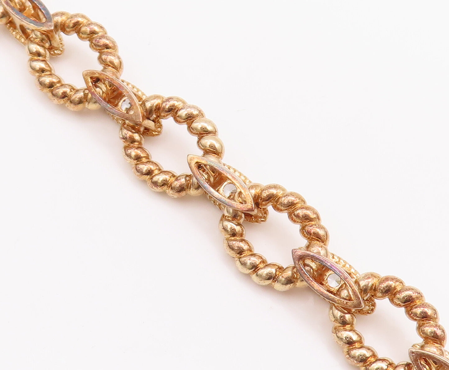 925 Sterling Silver Vintage Bracelet Gold Plated Rope Rings Carved CZ  BT10504