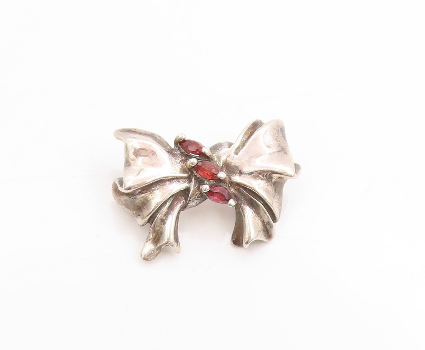 925 Sterling Silver Vintage Pendant Three Stone Garnet Ribbon Bow Charm  PT25033