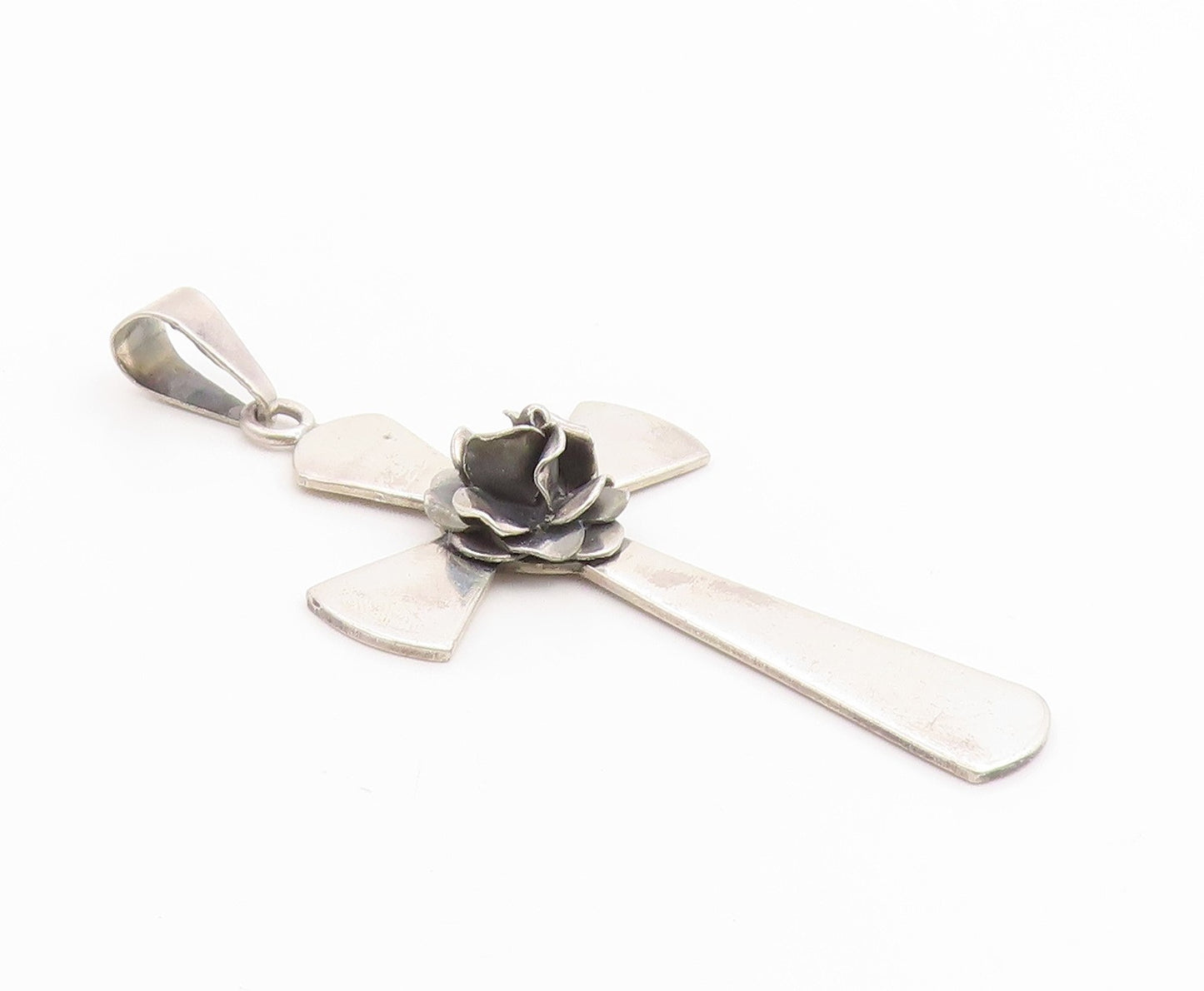 925 Sterling Silver Vintage Pendant MEXICO Carved Rose Religious Cross  PT26300