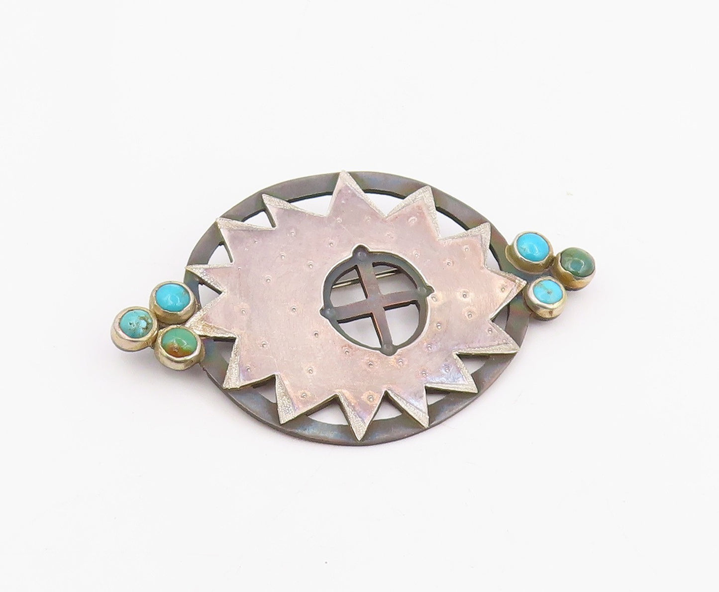925 Sterling Silver Vintage Brooch Pin PAT GARRETT Turquoise Sunburst  BP12218