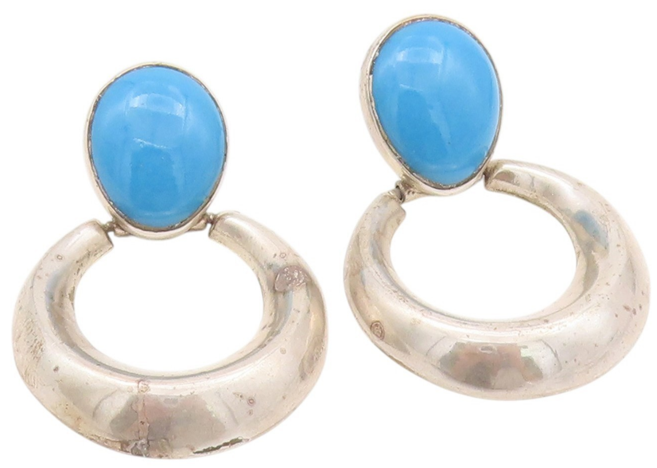 925 Sterling Silver Vintage Earrings MEXICO Oval Larimar Dangling Ring  EG13623