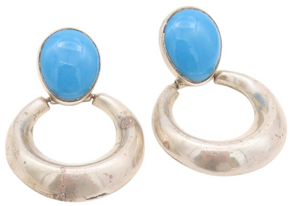925 Sterling Silver Vintage Earrings MEXICO Oval Larimar Dangling Ring  EG13623