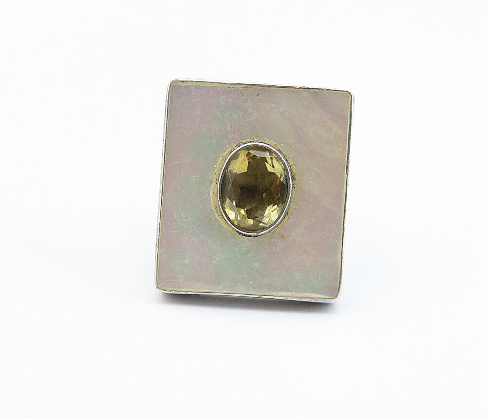 925 Sterling Silver  Mother Of Pearl & Topaz Square Cocktail Ring Sz 8  RG8213