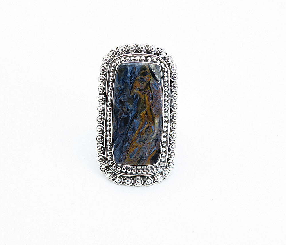 925 Sterling Silver  Brown & Blue Jasper Shiny Cocktail Ring Sz 8.5  RG8200