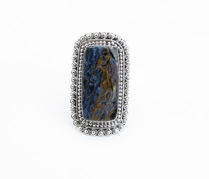 925 Sterling Silver  Brown & Blue Jasper Shiny Cocktail Ring Sz 8.5  RG8200