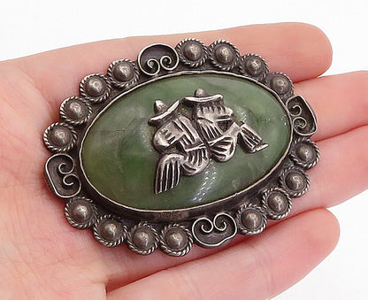 MEXICO 925 Sterling Silver  Vintage Jasper Sitting Men Brooch Pin  BP1794