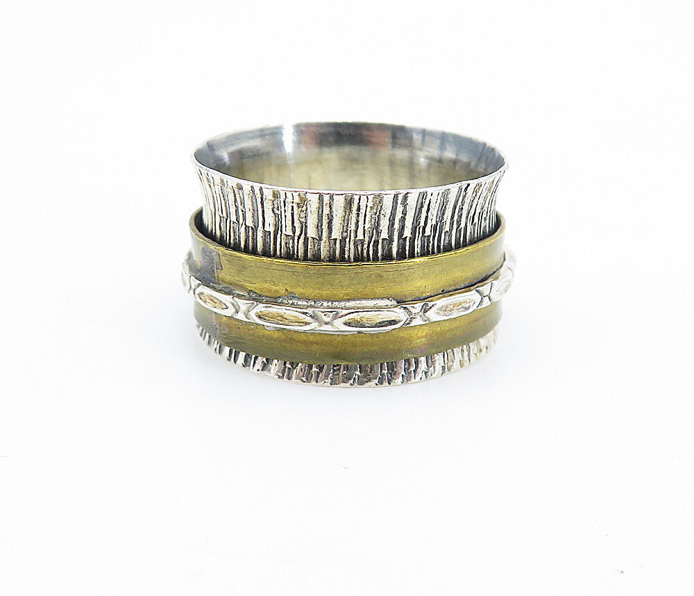 925 Sterling Silver  Vintage Two Tone Etched Band Spinner Ring Sz 9.5  RG6429