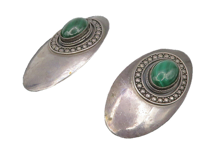 925 Sterling Silver   Vintage Cabochon Cut Malachite Drop Earrings  EG7455