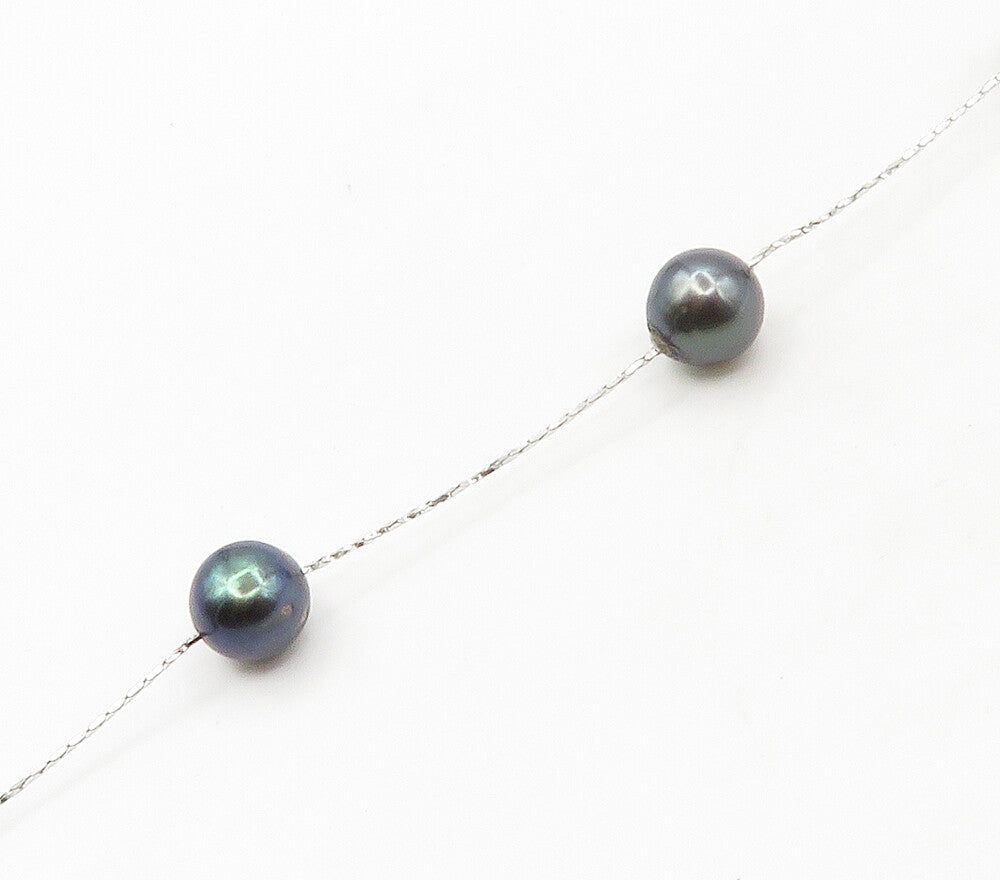 925 Sterling Silver  Smooth Blue Pearls Shiny Thin Chain Necklace  NE2667