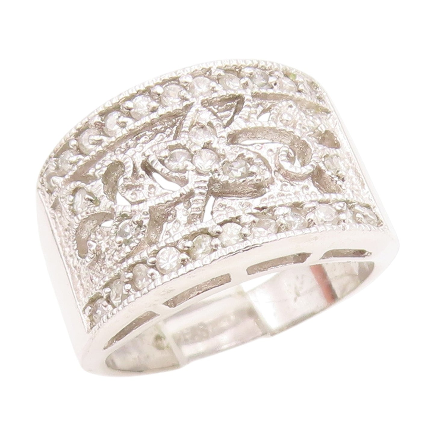 925 Sterling Silver Vintage Ring Elegant CZ Openwork Floral Band Sz 7.5 RG34925