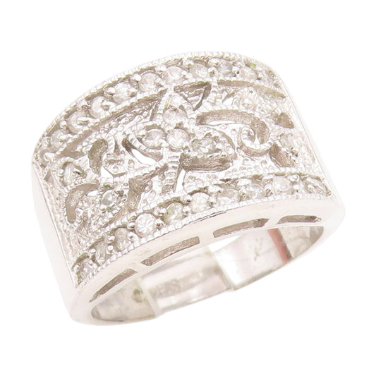 925 Sterling Silver Vintage Ring Elegant CZ Openwork Floral Band Sz 7.5 RG34925