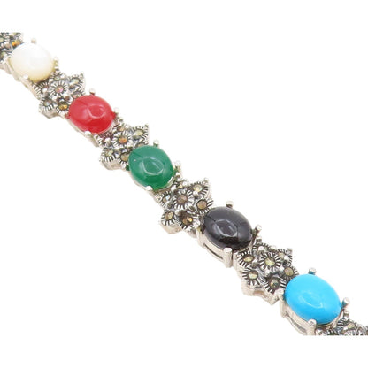 925 Silver  Vintage Turquoise Mother Of Pearl Onyx & Carnelian Bracelet BT3680