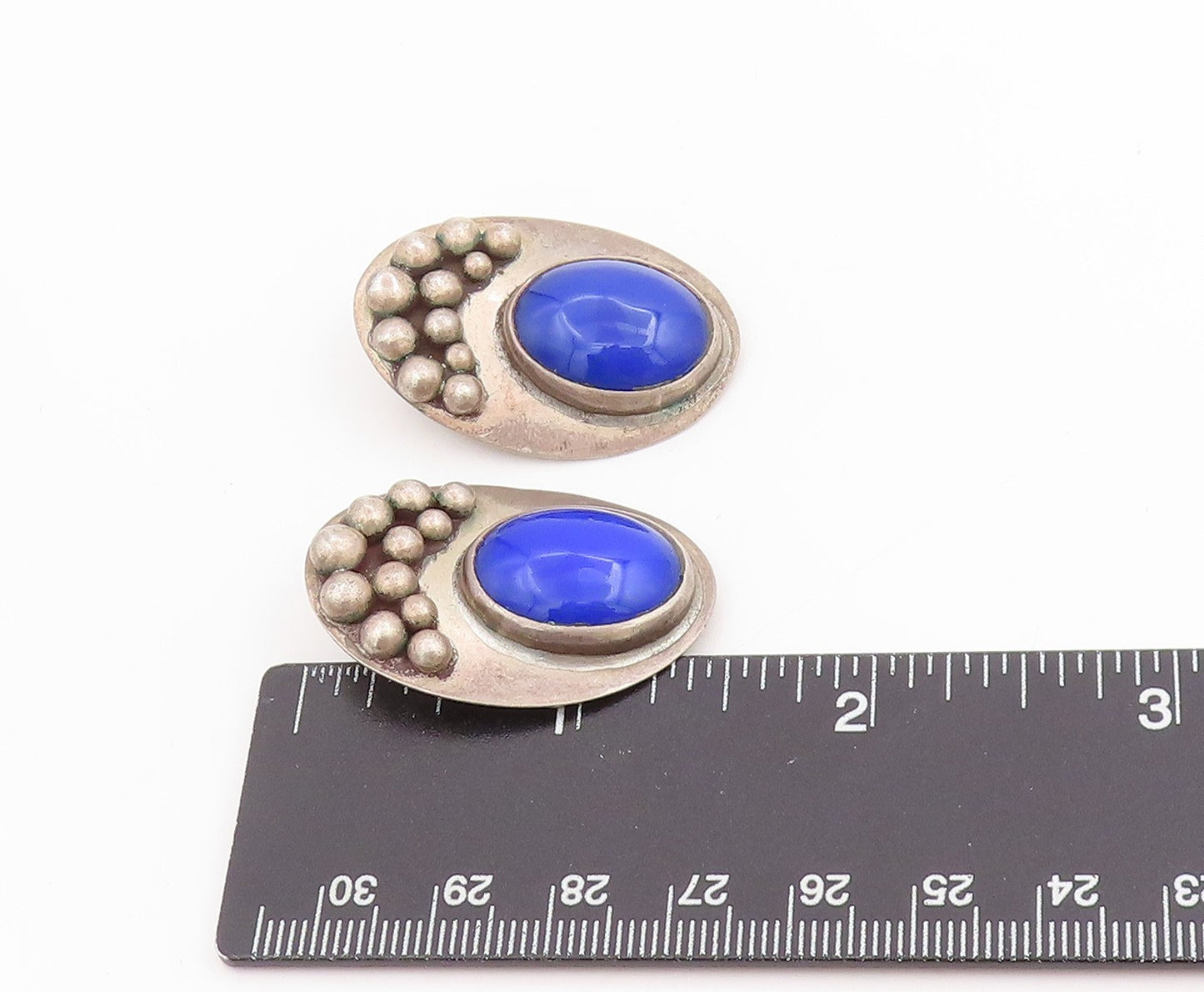 925 Sterling Silver Vintage Earrings Oval Cabochon Lapis Lazuli Clips  EG13748