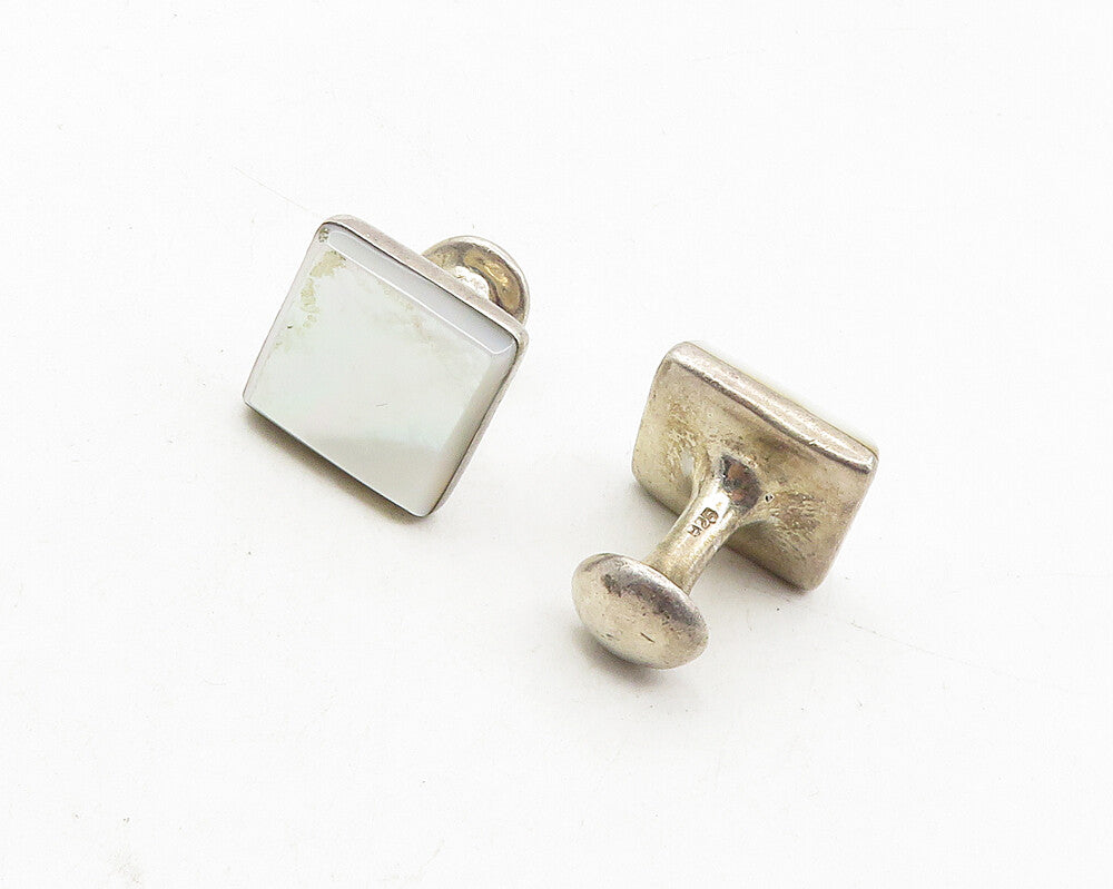 925 Sterling Silver  Vintage Shiny Mother Of Pearl Square Cuff Links  TR1731