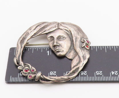 925 Sterling Silver  Vintage Modernist Garnet Woman Face Brooch Pin  BP9097