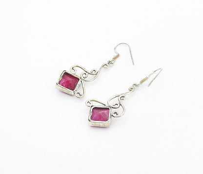 925 Sterling Silver Vintage Ruby Shiny Swirl Design Dangle Earrings EG3475