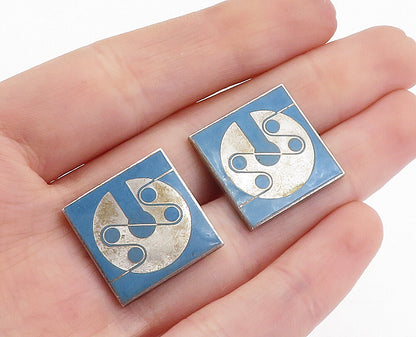 925 Sterling Silver  Vintage Blue Enamel Design Bullet Back Cuff Links  TR1253