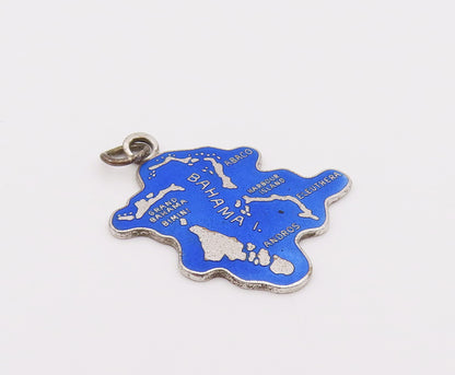 925 Sterling Silver  Vintage Blue Souvenir Bahama Cutout Map Pendant  PT22034