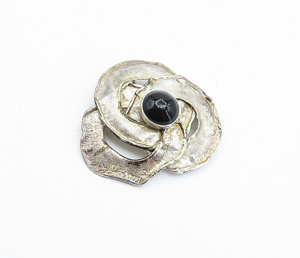 925 Sterling Silver  Vintage Modernist Black Onyx Pretzeled Brooch Pin  BP2784