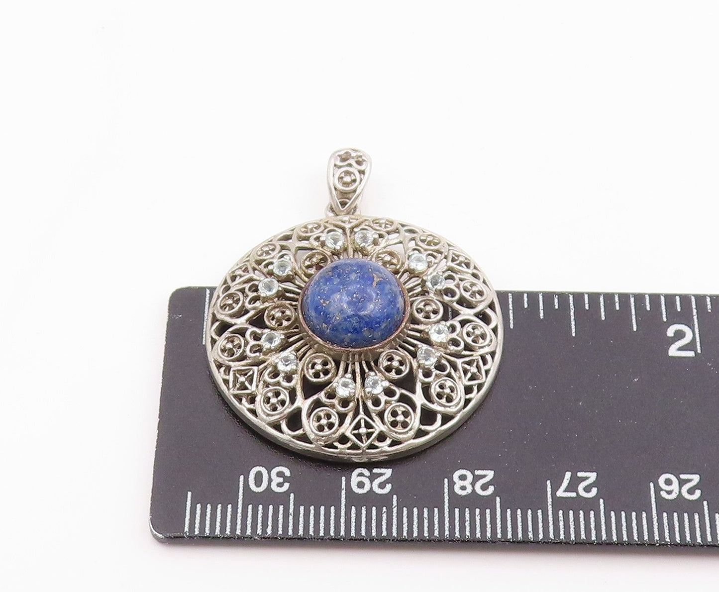 925 Sterling Silver Vintage Pendant Lapis Lazuli Intricate Openwork  PT26110