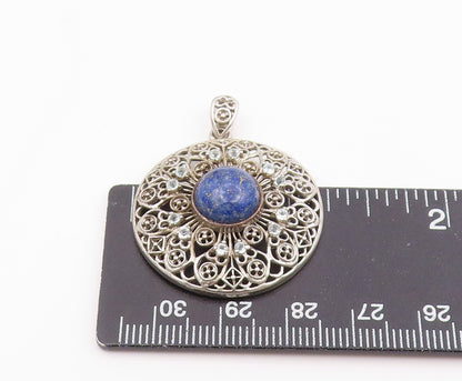 925 Sterling Silver Vintage Pendant Lapis Lazuli Intricate Openwork  PT26110
