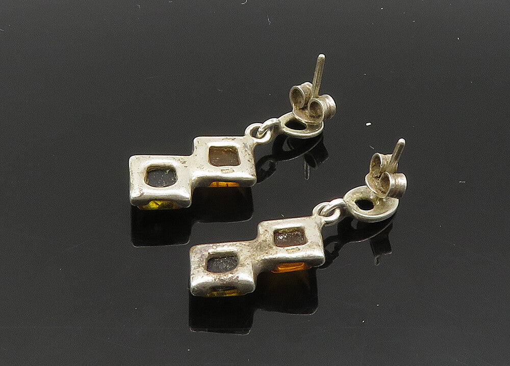 925 Sterling Silver  Vintage Cabochon Amber 2 Stone Dangle Earrings  EG10330