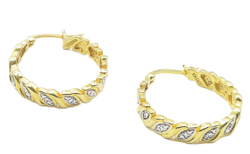925 Sterling Silver  Genuine Diamonds Gold Plated Shiny Hoop Earrings  EG6220