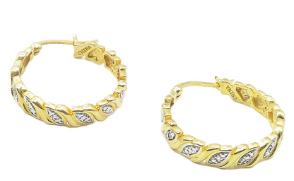 925 Sterling Silver  Genuine Diamonds Gold Plated Shiny Hoop Earrings  EG6220